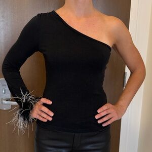 Chic Black One Should Top with Grey Feather 🪶 detail on cuff
